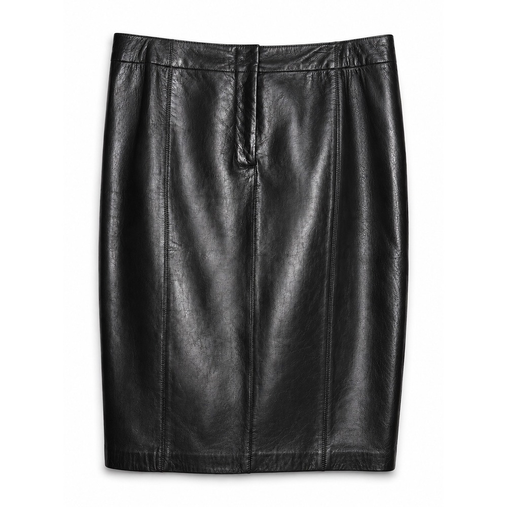 Nine West Pencil Skirt Womens 10 Black 100% Leather Professional Paneled Slit